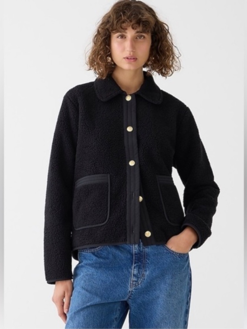 JCREW BLACK SHERPA LADY JACKET WOMENS LIGHTWEIGHT GOLD BUTTONS SZ SMALL